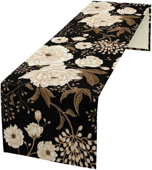 Black Gold Floral Table Runner, Retro Peony Rose Flowers Oriental Style Gothic Garden Print Table Runner for Farmhouse Kitchen Indoor Outdoor Decoration, 13x70inch