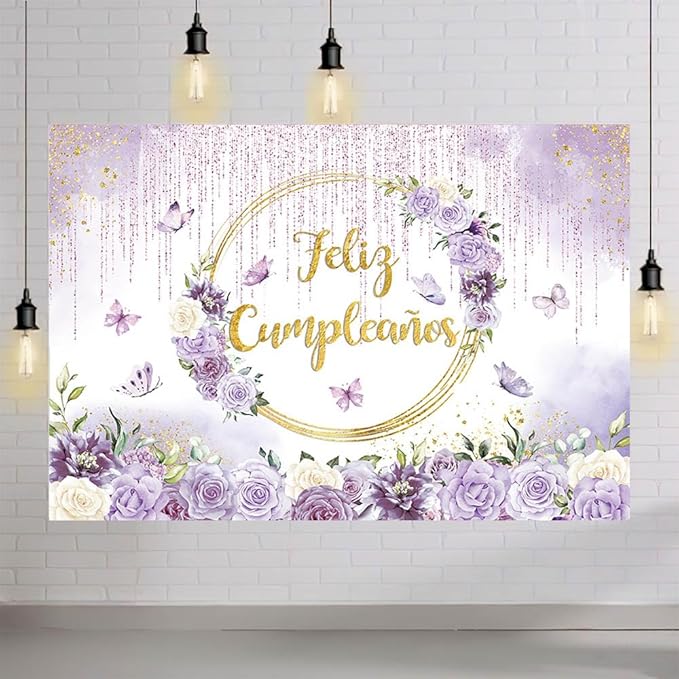 MEHOFOND Feliz cumpleaños Birthday Backdrop Purple Floral Butterfly Baby Shower Party Decorations Baby Girl's Watercolor Floral Glitter Drops Decorations Supplies Banner Photo Booth Studio Prop