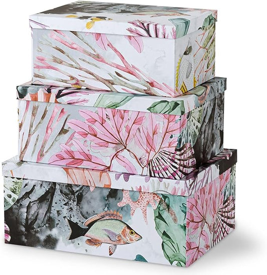 Soul & Lane Ocean Treasures Modern Home Décor Keepsake Boxes - Set of 3: Beach-Themed Photo Storage with Lids, Decorative Cardboard Nesting Gift Containers, Paper Mache Rectangle Boxes