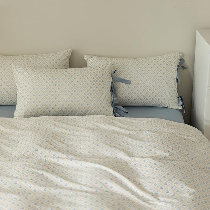 VM VOUGEMARKET Full Duvet Cover with Blue Flower Prints,100% Cotton Bedding Set,Yellow Plaid Grid Comforter Cover with Zipper Closure,80x90 Inch
