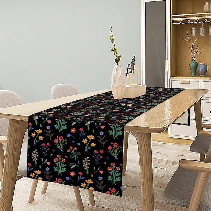 Retro Floral Table Runner, Colorful Bohemian Wildflower Flowers Blooms Vintage Table Runner for Kitchen Dining Party Home Decor, 13x70 Inch