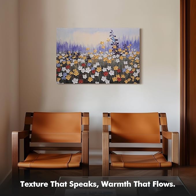 JUHOME Vintage Hand-Painted Texture Wildflower Canvas Wall Art, Rustic Nature Abstract Oil Painting,24x36 In Handmade Artwork for Living Room, Office, Bedroom