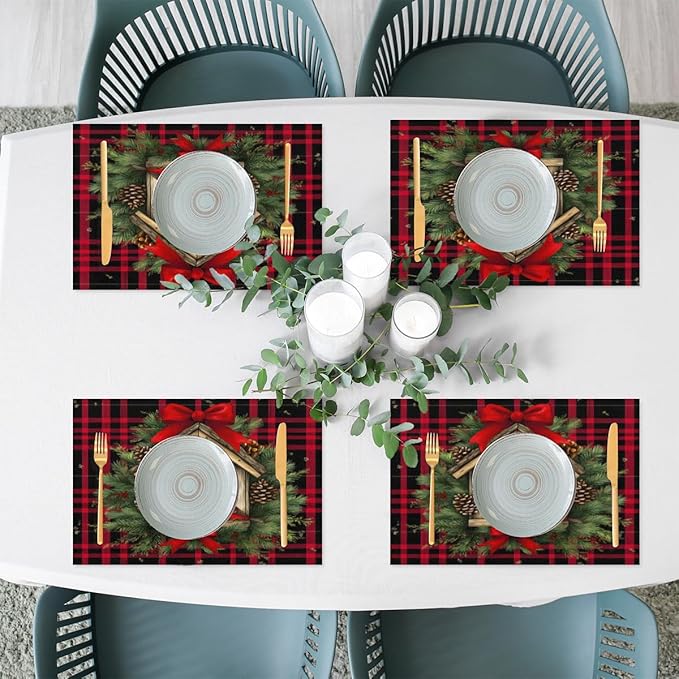 Christmas Art Waffle Cardinal Placemats Set of 4 PVC Vinyl Non Slip Table Mats Heat Resistant Place Mats Washable Wipeable Dining Table Mat for Kitchen Decor Party Indoor Outdoor Decorative Gift