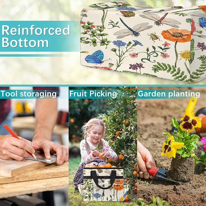 Garden Tool Tote Bag for Women Men Flower Butterfly Dragonfly Gardening Tool Storage Bags with 10 Pockets Standable Garden Home Tool Kits Organizer for Indoor Outdoor Gardening Gifts