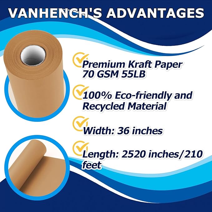 Vanhench 36"x 2520" (210') Brown Wrapping Paper Roll for Bulletin Board Paper, Kraft Paper, Thanksgiving Christmas Gift Art Craft Bouquet Flower Poster Packing Shipping Moving Supplies, 70GSM 50LB
