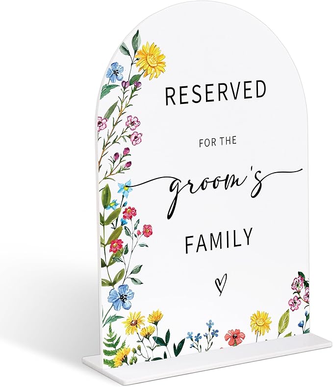 Acrylic Wedding Signs Reserved Table Sign for Reception, Reserved for The Groom's Family, 6x8" Floral Themed Arch Acrylic Table Decor, Love Is In Bloom Decorations for Bridal Shower Engagement