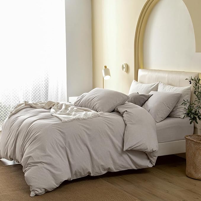 JIYUAN 100% Washed Cotton Duvet Cover Set 3 Pieces Queen, 1 Duvet Cover 90x90 Inches(Comforter Not Included) and 2 Pillowcases,Linen Feel Bedding Set Comfy and Breathable, Heathered Cream Grey