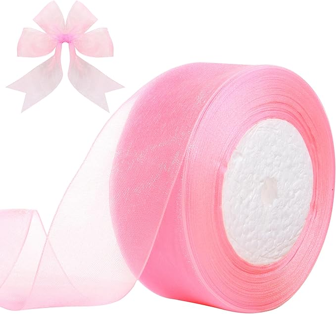 1-1/2 Inch x 50 Yards Sheer Organza Ribbon Chiffon Ribbon for Gift Wedding Flower Bouquet Wrapping Decorations Crafts (Light Pink)