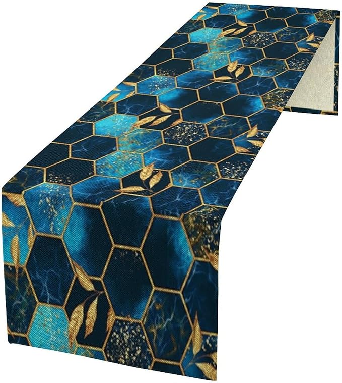 Sky Blue Honeycomb Table Runner Abstract Sea Blue Marble Hexagon Texture Golden Leaves Seasonal Dinner Runner Table Decoration for Farmhouse Home Kitchen Dining Holiday Party 13x90in