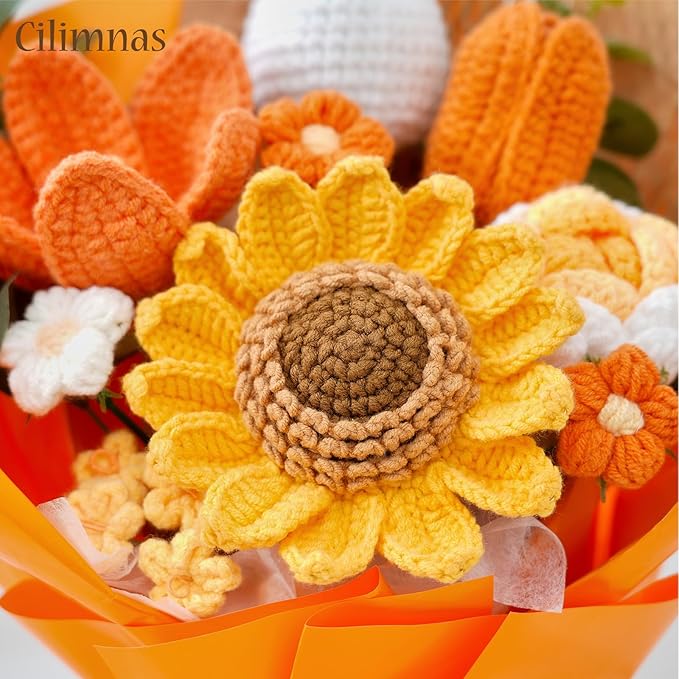 Cilimnas Crochet Flower Bouquet,Orange Knitted Flowers, Handmade Sunflowers Tulips Roses Bouquet for Birthday Anniversary Party Mother's Day Graduation Gifts