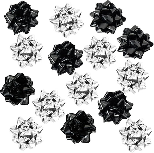 15 Pcs Gift Bows Assortment, Decor for Christmas, Birthdays, Weddings, Holiday Embellishments, Presents, Wrapping Paper, Anniversaries, Baby Showers, Bridal Showers, Hanukkah (Black+Silver)