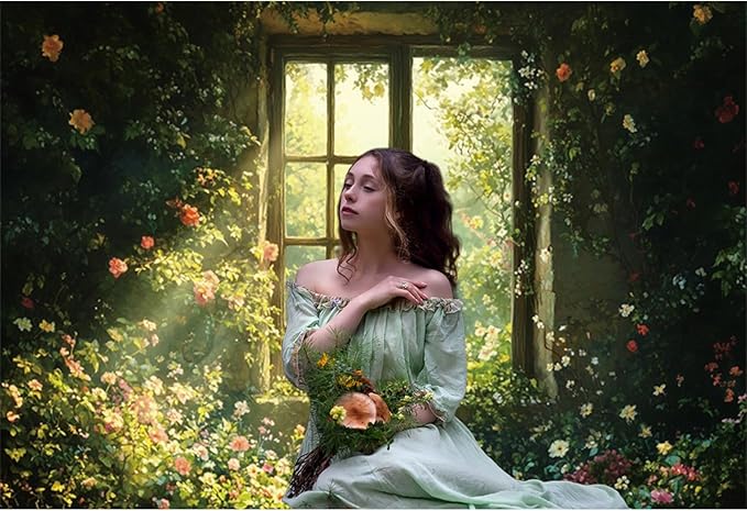 Baocicco 10x6.5ft Spring Window Photography Backdrops Sunshine Oil Painting Flowers Background Cloth for Marriage Valentines Mothers Day Engagement Party Decoration Photo Props Background Supplies