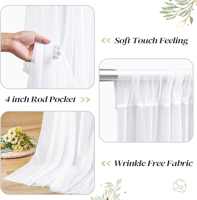 10ft x 8ft White Backdrop Curtain with Lights String for Parties, Sheer Tulle Wedding Photo Backdrops Drapes for Baby Shower Birthday Party Decorations Background for Photography