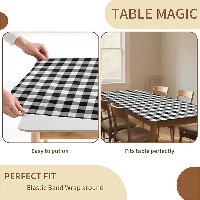 Rectangle Table Cloth Cover Waterproof Elastic Fitted Polyester Fitted Tablecloths for 4 Foot Tables for Indoor,Picnic, Camping, Outdoor （48" x 30"，Black Grid）