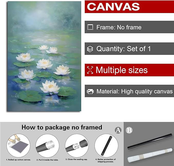 Zen wall art Delicate white lotus flower floating on calm water Vintage oil painting print Serene aquatic wall art creates a tranquil home decor 32x48in Frameless