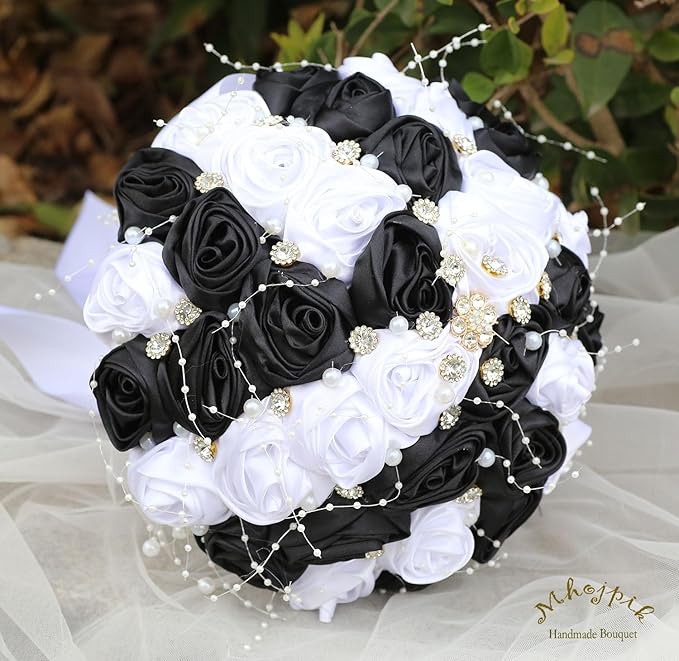 Bridal Wedding Bouquet Round Bling Brooch Bouquet Throw Toss Artificial Rose Flower Bunch for Bride Bridesmaid Wedding Quinceanera(White & Black, 6.3")