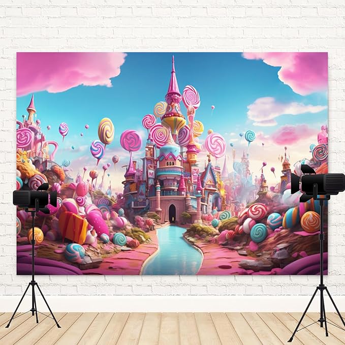 12x8ft Candyland Backdrop Sweet Candy Castle Photography Background Colorful Lollipop Blue River Cartoon Kids Birthday Banner Decorations Baby Shower Newborn Portrait Photo Booth Prop