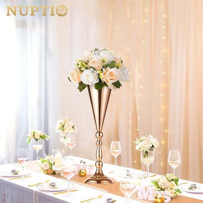 10 Pcs Tabletop Gold Metal Wedding Flower Trumpet Vase, 16.5 inch Table Decorative Centerpiece Artificial Flower Arrangements for Anniversary Ceremony Party Birthday Event Home Decoration (Gold)