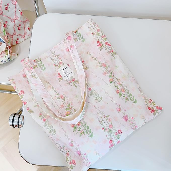 Cotton Canvas Tote Bag Reusable Soft Grocery Cloth Bag Floral Shoulder Bag for Beach Travel Shopping
