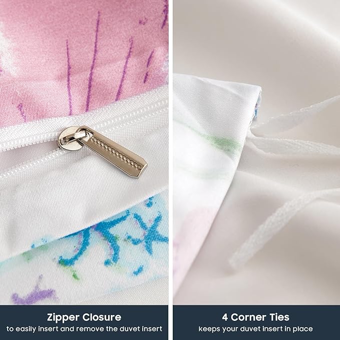 Nayoroom Floral Duvet Cover Set King Size Purple Pink Watercolor Flowers Green Plant Leaves Printed on White Comforter Cover 3Pcs Soft Microfiber Garden Style Bedding Set with Zipper Closure