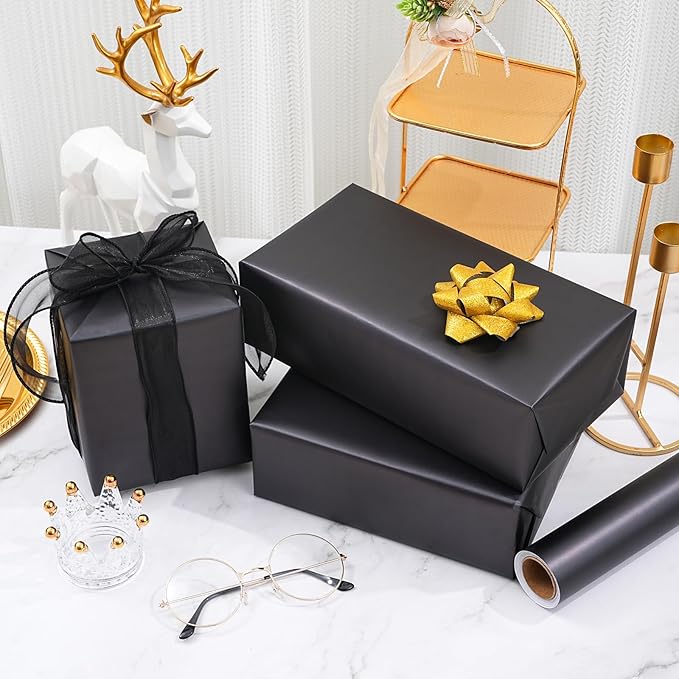 ZINTBIAL Matte Black Wrapping Paper Roll with Cut Lines - Solid Black Holiday Gift Wrap for Graduation, Birthdays, Wedding, Christmas, All Occasion - 17.5 in x 33 ft (48 sq. ft), Easy to Cut