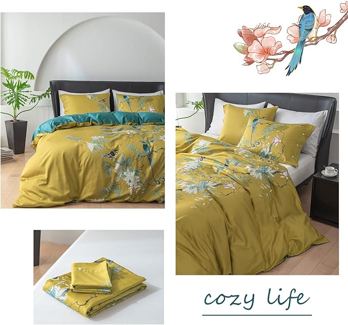 EAVD Vintage Garden Botanical Flower Cute Birds Pattern Duvet Cover King Cotton Yellow Chic Floral Tree Branches Printed Bedding Set with 2 Pillowcases Gorgeous Flower Duvet Cover with Zipper Closure