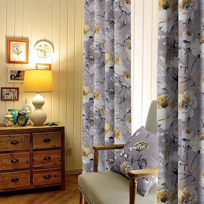 MYSKY HOME Yellow Floral Curtains, 108 Inch Length, 2 Panels, Thermal Insulated, Room Darkening, Grommet, Vintage Decorative Curtains for Living Room in Grey and Yellow