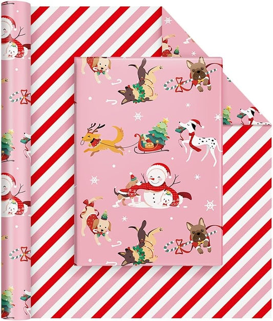 WERNNSAI Dog Christmas Wrapping Paper Roll - 1 Roll 17”x 33 ft Pink Dog Wrapping Paper Christmas for Kids Adults Reversible Red Candy Cane Stripe Gift Wrap for Xmas Winter Puppy Party Celebration