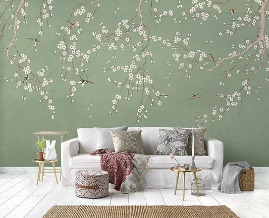 Cliouar-Decor Beautiful Wallpaper Birds and Flower Green Background Peel and Stick 160" x 114"