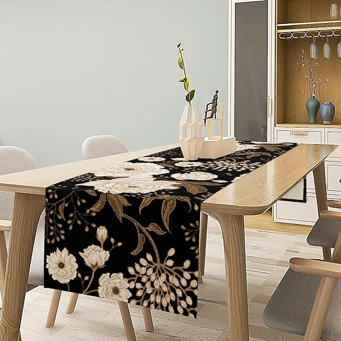 Black Gold Floral Table Runner, Retro Peony Rose Flowers Oriental Style Gothic Garden Print Table Runner for Farmhouse Kitchen Indoor Outdoor Decoration, 13x60inch