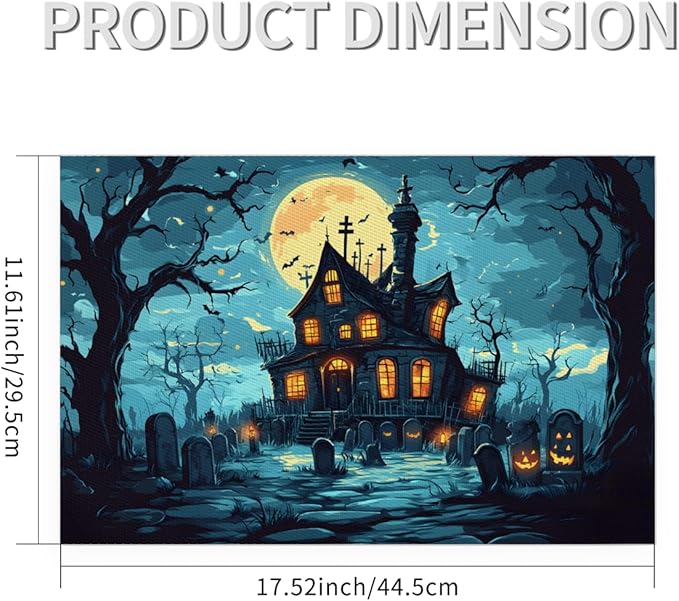 Halloween Castle Moon Scary Placemats Set of 4 PVC Vinyl Non Slip Table Mats Heat Resistant Place Mats Washable Wipeable Dining Table Mat for Kitchen Decor Party Indoor Outdoor Decorative Gift