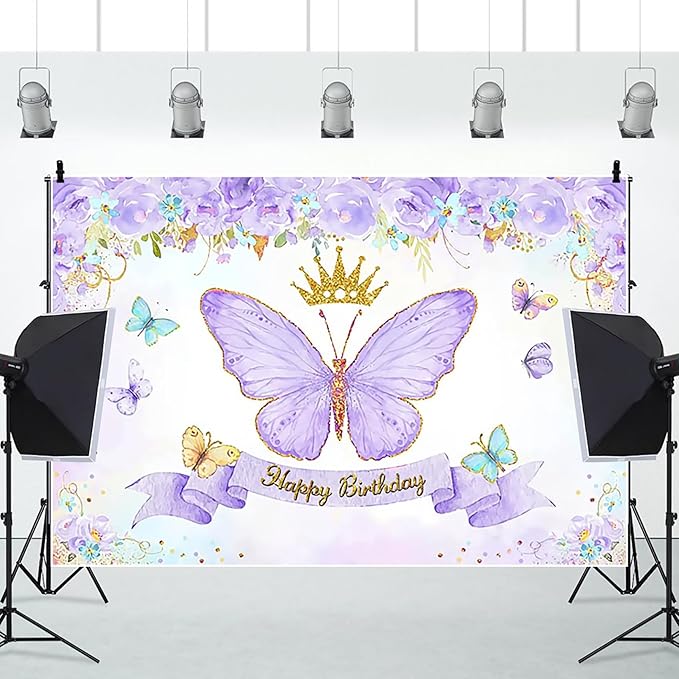 Renaiss 12x8ft Happy Birthday Backdrop Purple Butterfly Flowers Gold Crown Photography Background Daughter Girl Princess Birthday Party Decor Dessert Table Banner Portrait Selfie Group Photo Props