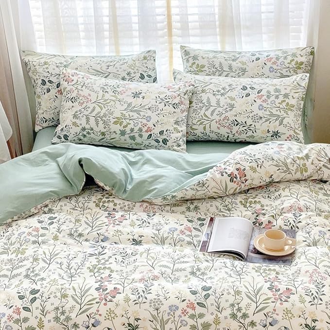 Sage Green Floral Duvet Cover Queen Size Comforter Cover Cotton Floral Cottagecore Bedding Sets Queen Vintage Boho Flower Comforter Cover Botanical Wildflower Plants Duvet Cover with 2 Pillowcases