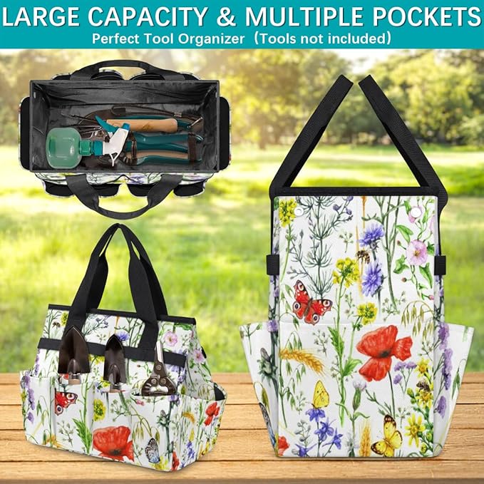 Garden Tool Tote Bag for Women Men Flower Butterfly Bee Gardening Tool Storage Bags with 10 Pockets Standable Garden Home Tool Kits Organizer for Indoor Outdoor Gardening Gifts