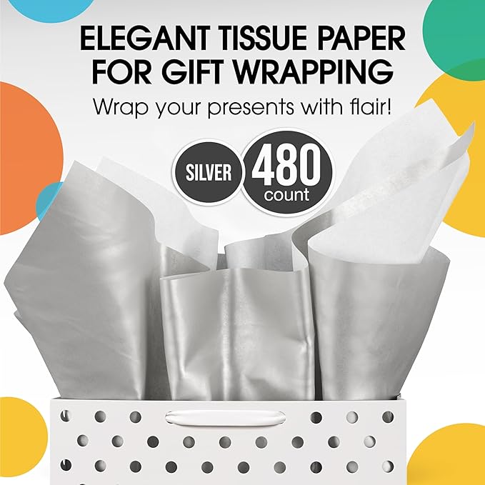 Party Solids Silver Tissue Paper for Gift Bags - 15" X 20" Bulk Tissue Paper Silver 480 Sheets - 10lb Newsprint for Packing, Birthday Gift Box Filler, Packing Supplies for Moving Supplies