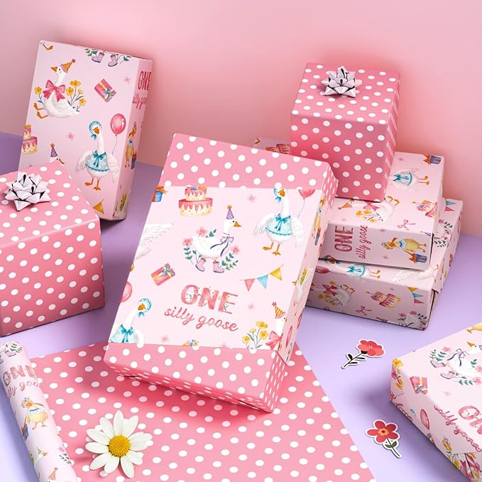WERNNSAI Silly Goose Wrapping Paper - 1 Roll 17”x 33 ft 1st Birthday Wrapping Paper Pink Birthday Gift Wrap Baby Girls One Year Present Packing Wrap Baby Shower Reversible Design