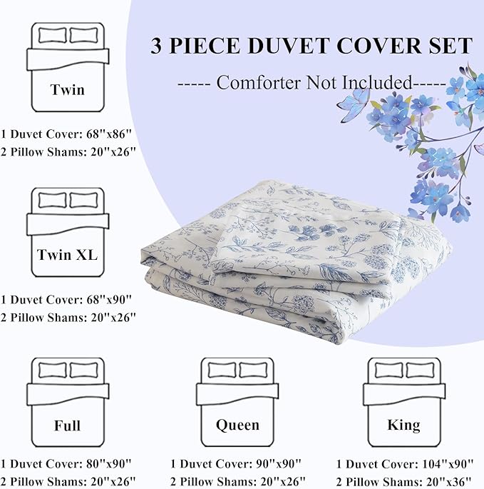 Cotton Floral Duvet Cover Full White Blue Floral Print Full Bedding Sets Vintage Boho Flower Comforter Cover Aesthetic Bedding Botanical Duvet Cover Cottagecore Comforter Cover with Zipper Closure
