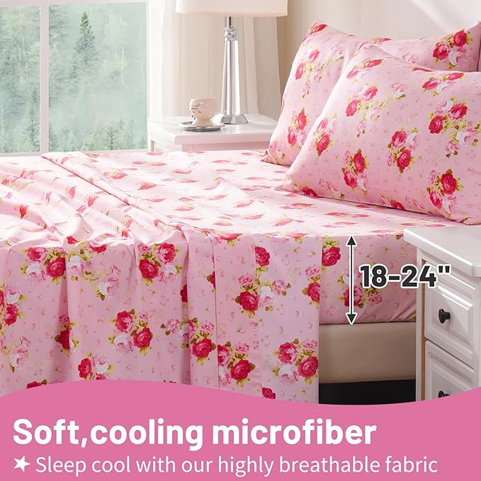 Bedlifes Queen Size Extra Deep Pocket Sheet Sets - Fits Mattresses Up to 18-24" Thick, 4-Piece Microfiber Set with 1800 Thread Count, Soft, Smooth, Breathable, Featuring Pink Floral Red Rose