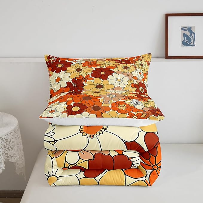 Castle Fairy Bohemian Flowers Comforter Set Full Size,70s Vintage Floral Bedding Comforters Room Decor,Hippie Retro Groovy Botanical Quilt Set with 2 Pillowcases,Teens Present