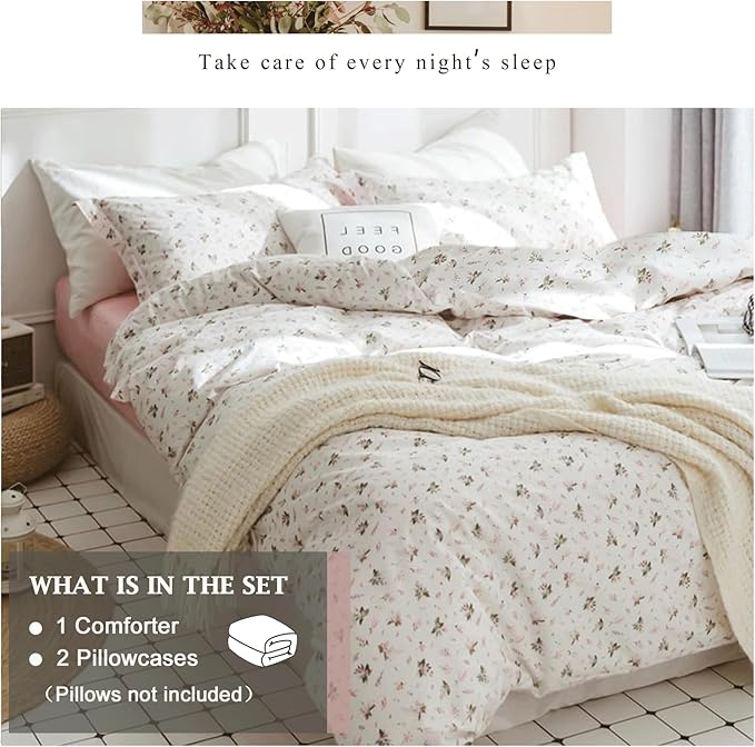 VM VOUGEMARKET Garden Flower Comforter Set Queen 3 Pcs White Pink Floral Bedding Set with 2 Pillowcases Aesthetic Comforter Set for Girls Women 90"x90"