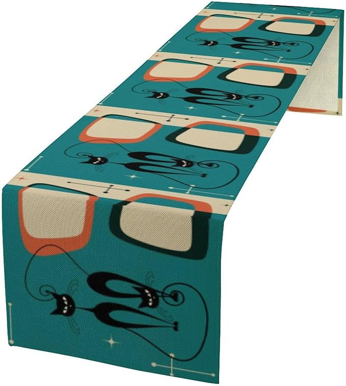 Mid Century Modern Black Cat Table Runner,Table Runners for Kitchen Dining Modern Tables Decor Decoration for Kitchen Family Dinner Table Holiday Party Farmhouse 13 x 90 Inch Blue