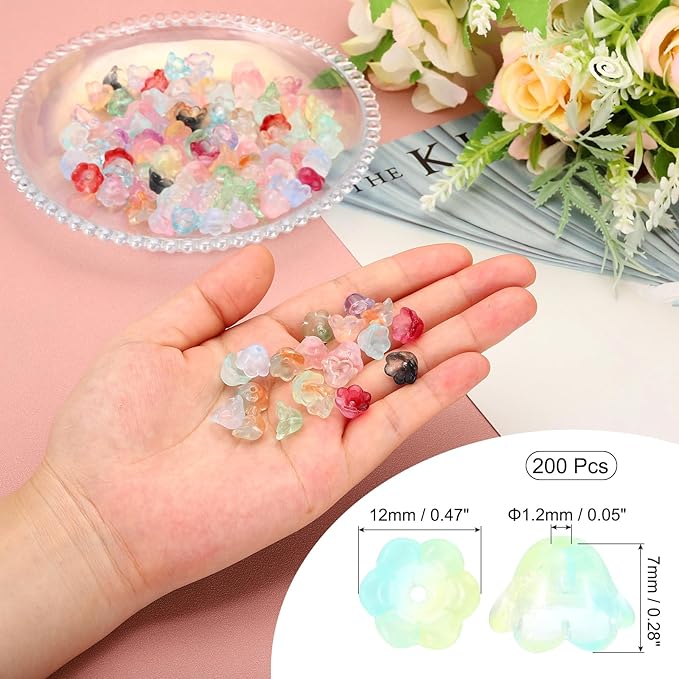 PATIKIL Glass Trumpet Flower Beads, 200 Pcs Gradient Flower Bead Charm for Jewelry Making DIY Craft, Bracelets, Earrings, Necklaces Decorations, Yellow, Green