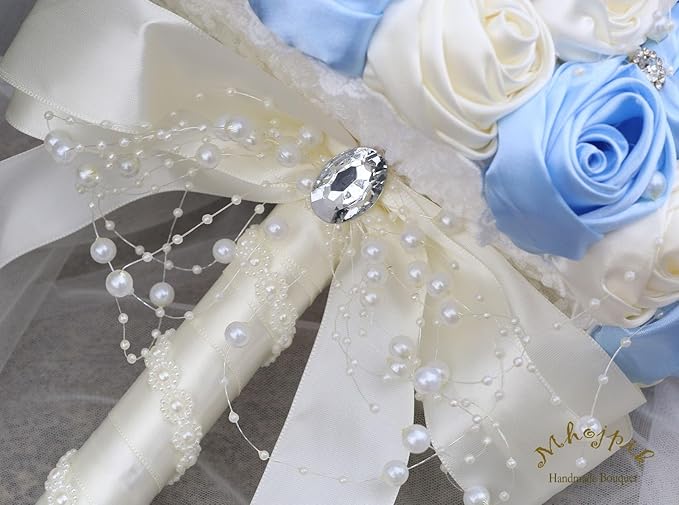 Bridal Wedding Bouquet Round Bling Brooch Bouquet Throw Toss Artificial Rose Flower Bunch for Bride Bridesmaid Wedding Quinceanera(Light Blue & Ivory, 9.8")