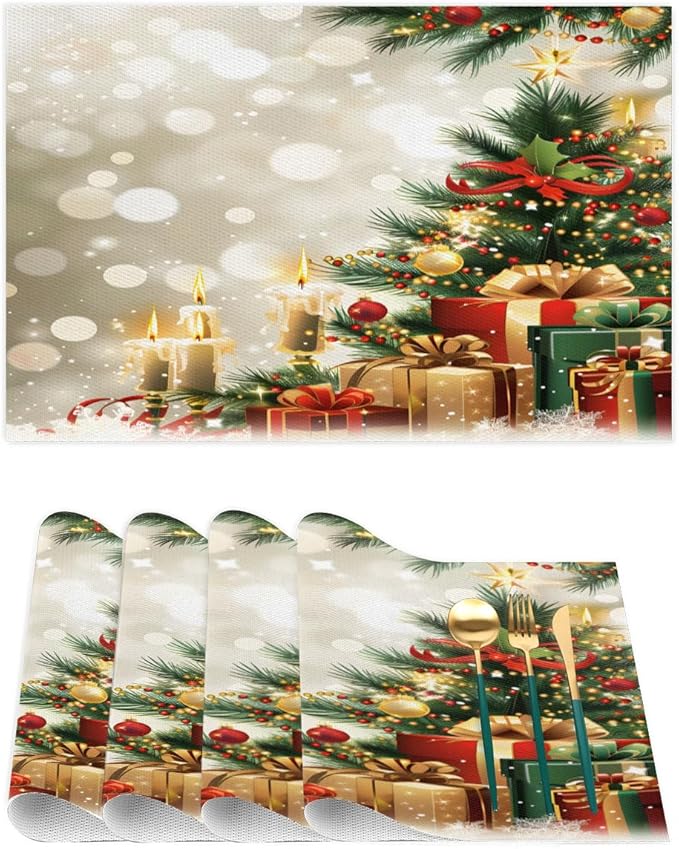 Xmas Christmas Tree Green Placemats Set of 4 PVC Vinyl Non Slip Table Mats Heat Resistant Place Mats Washable Wipeable Dining Table Mat for Kitchen Decor Party Indoor Outdoor Decorative Gift