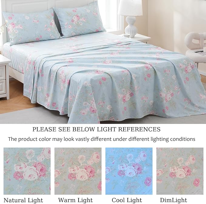 Zusbest Blue Floral Sheets Set California King 100% Cotton Pink Flowers Bed Sheet Shabby Vintage Chic Bedding Romantic Pastoral Original Design Soft Luxury Deep Pocket Fitted Sheet 17.5'', 4 Pcs