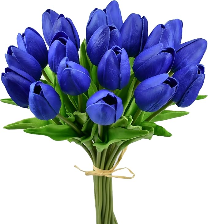 Mandy's Artificial Tulips 20 Stems Royal Blue PU Faux Flowers for Thanksgiving and Christmas Decorations Wedding Home Decor 13.5 Inch