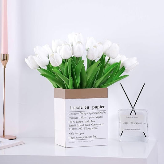 20pcs White Artificial Tulip Fake Flower 12.9 Inch Spring Mother's Day Easter Gift for Home Kitchen Wedding Decoration