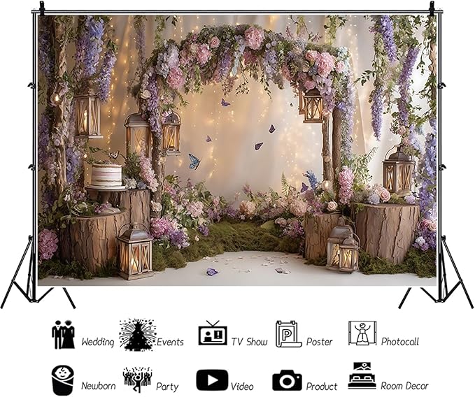 Baocicco Purple Flowers Wall Backdrop 9x6ft Rustic Style Wooden Arch Door Butterfly Background Photography Rural Wedding Baby Shower Birthday Party Banner Supplies Anniversary Decorations Props