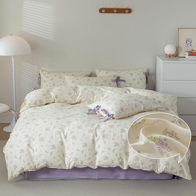 VM VOUGEMARKET Purple Flower Comforter Set King,Vintage Botanical Bedding Set 1 Lavender Floral Comforter and 2 Pillowcases with Bowknot for Women(3pcs,104x90Inch)