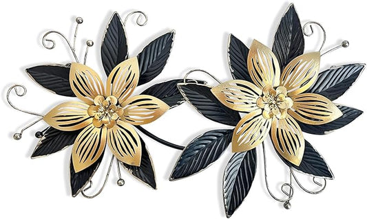 LIFFY Black Gold Metal Flowers Wall Decor,15" 3D Multi-layer Modern Floral Art, Rustic Distressed Hanging Decor for Indoor, Bedroom Living Room Garden Patio, Home Decoration Accent